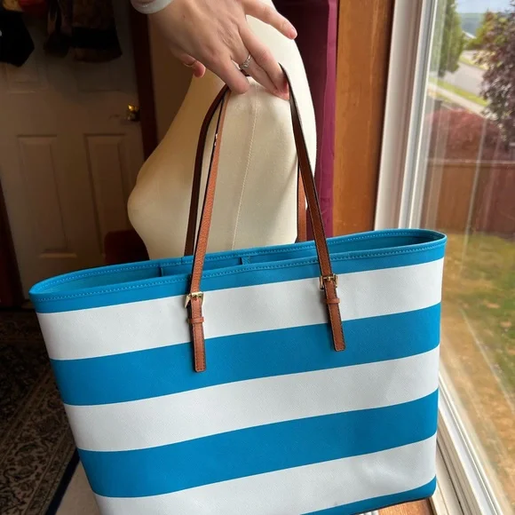 Michael Kors Striped Blue and White Tote - Picture 2 of 7